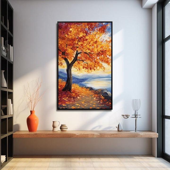 Peinture Arbre d'Automne en Bord de Lac de Montagne, art mural décoration nature