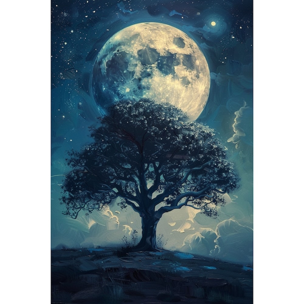 Peinture Lune Arbre, art mural décoration nature