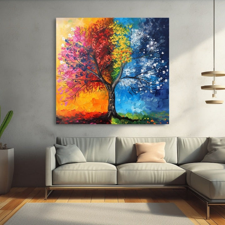 Peinture Arbre Saisons, art mural décoration nature