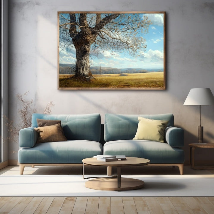 Peinture Arbre Dénudé dans un Champ Doré, art mural décoration nature
