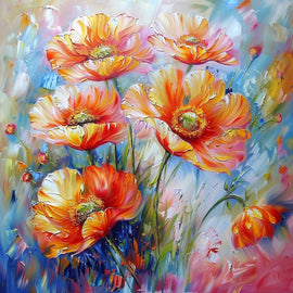 Peinture Coquelicots Orangés sur Fond Pastel, art mural décoration nature
