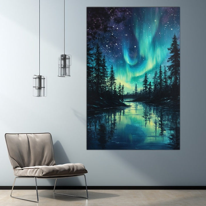Peinture Aurore Boréale Bleue, art mural décoration nature