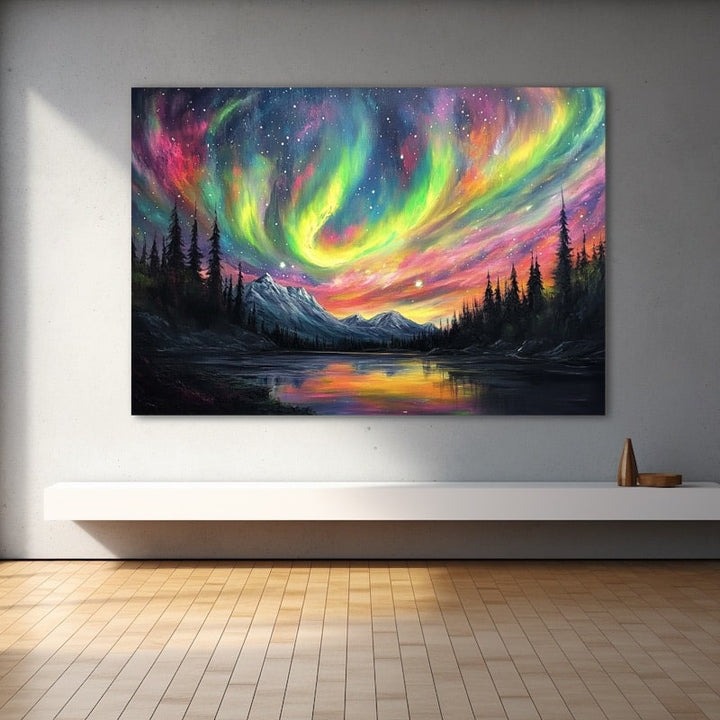 Peinture Aurore Boréale Multicolore, art mural décoration nature