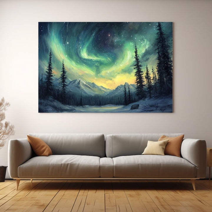 Peinture Aurore Boréale Verte, art mural décoration nature