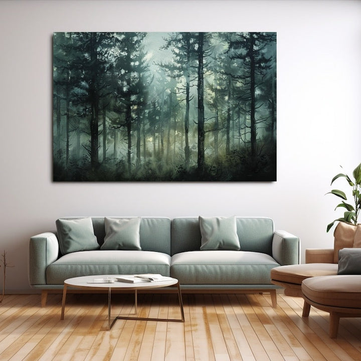 Peinture D'Arbres en Forêt Brumeuse, art mural décoration nature