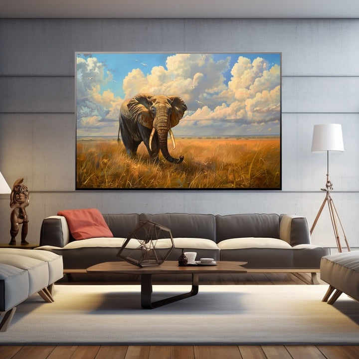 Peinture Éléphant dans la Plaine, art mural décoration nature