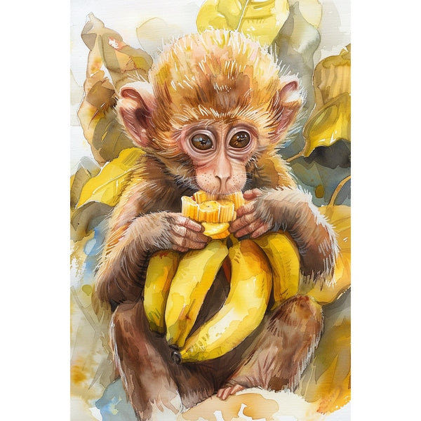 Peinture Bébé Singe aux Bananes, art mural décoration nature