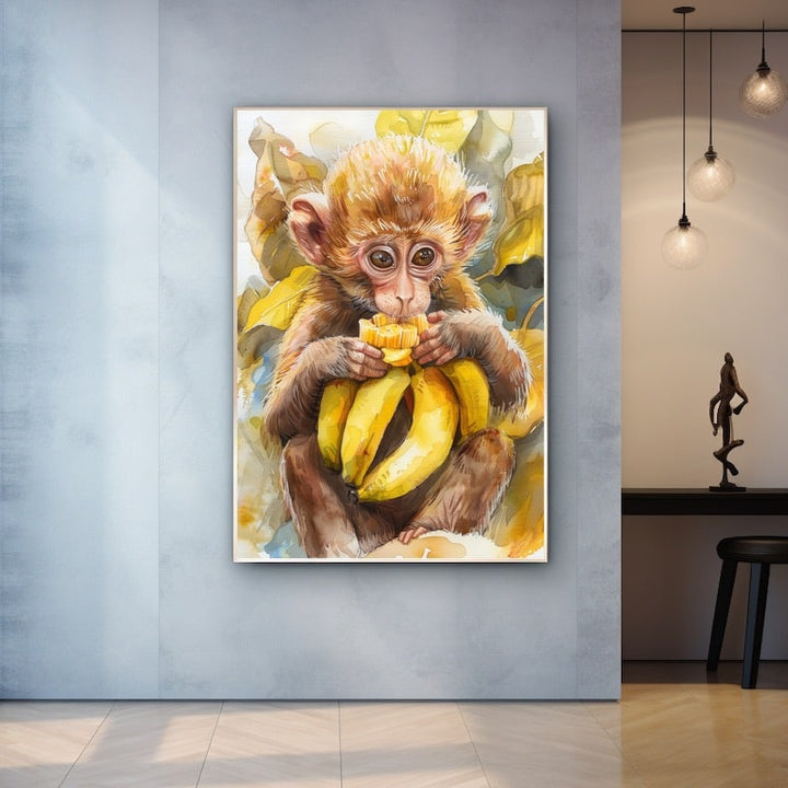Peinture Bébé Singe aux Bananes, art mural décoration nature