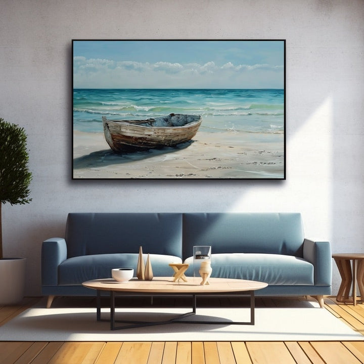 Peinture Barque sur Plage, art mural décoration nature