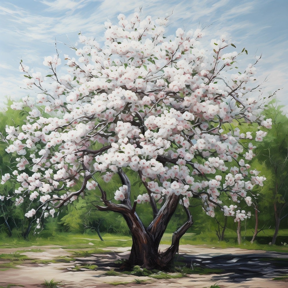 Peinture d'un cerisier majestueux couvert de fleurs blanches à cœur rosé devant un bosquet vert lumineux