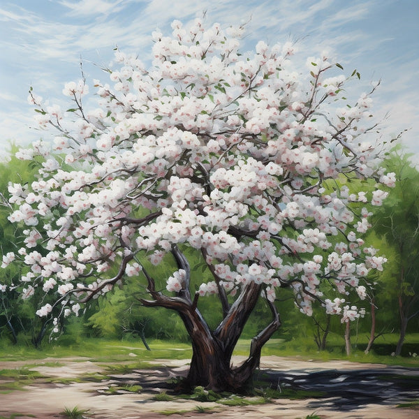 Peinture d'un cerisier majestueux couvert de fleurs blanches à cœur rosé devant un bosquet vert lumineux