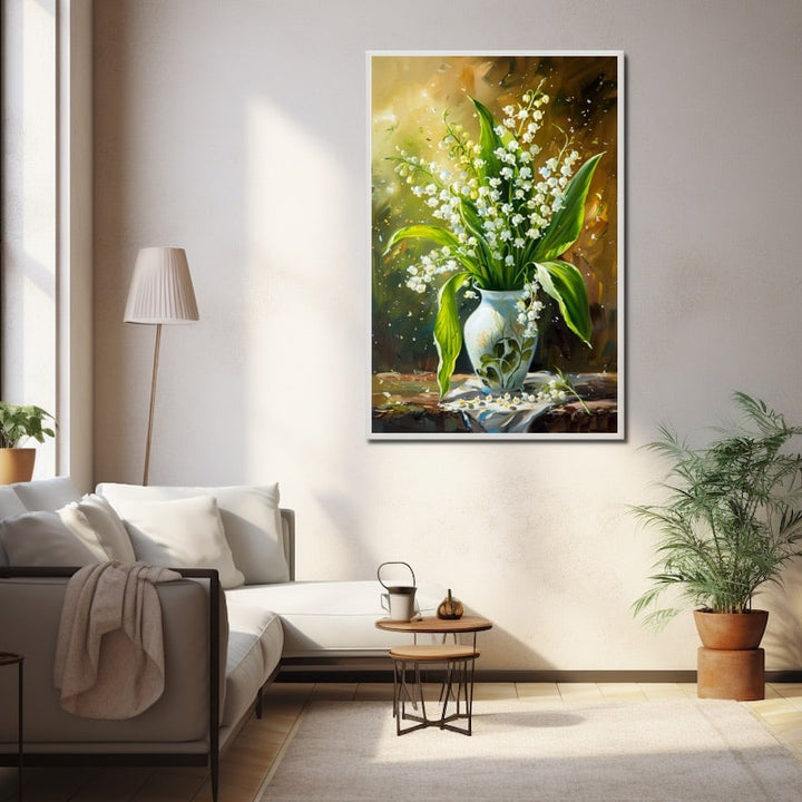 Tableau d'un bouquet de muguet aux clochettes blanches dans un vase blanc, larges feuilles vertes