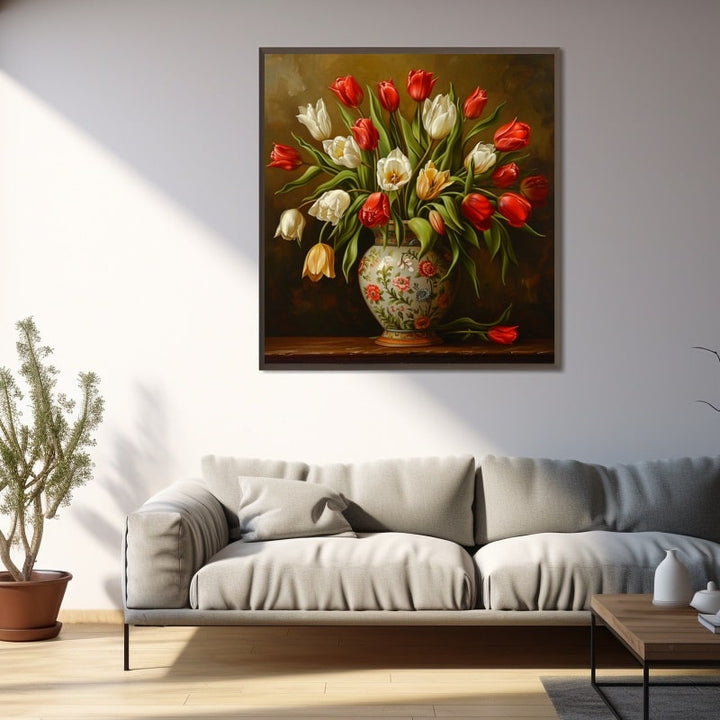 Tableau d'un bouquet de tulipes rouges et blanches dans un vase en porcelaine fleurie sur fond brun