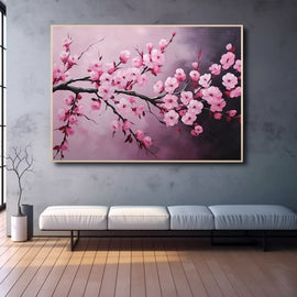 Tableau d'une branche de cerisier japonais en fleurs roses, bois sombre et fond rosé virant au prune