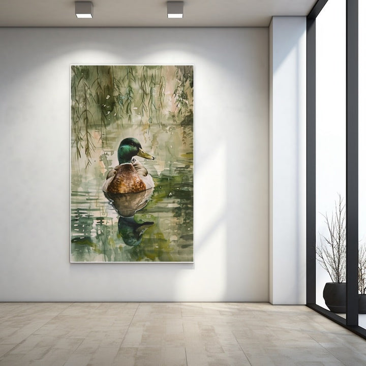 Peinture Canard Colvert sur l'Étang sous le Saule, art mural décoration nature