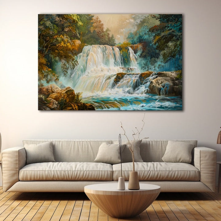 Peinture Cascade en Forêt Luxuriante, art mural décoration nature