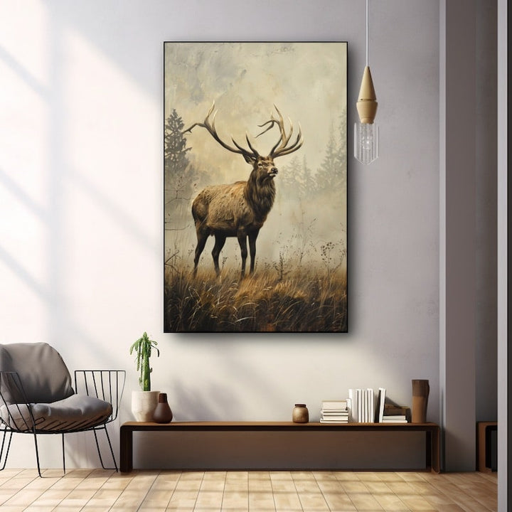 Peinture Cerf Majestueux dans la Brume, art mural décoration nature