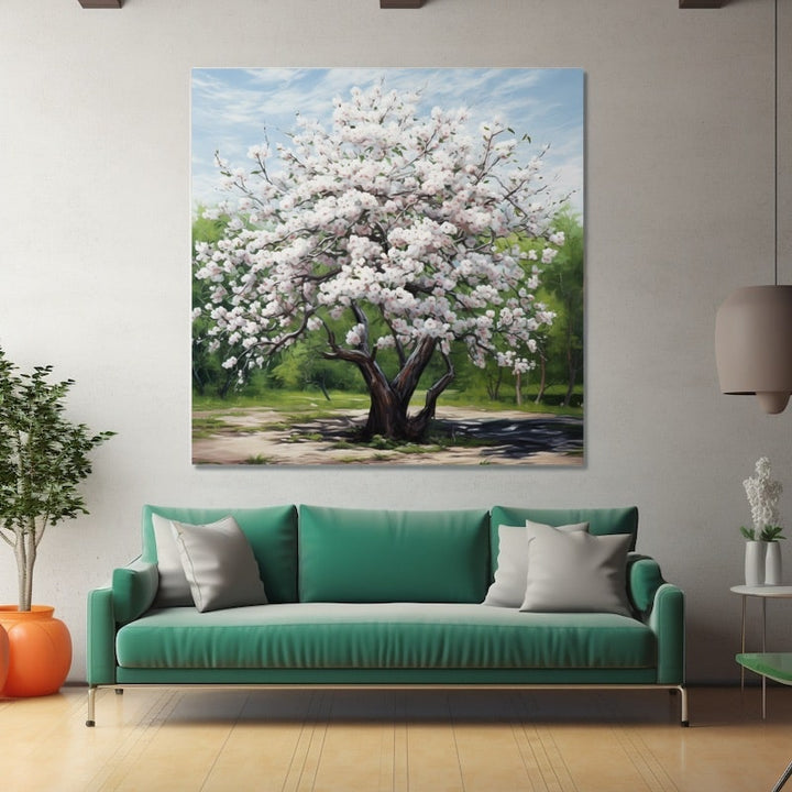 Tableau d'un cerisier blanc en fleurs au tronc noueux, prairie verte, chemin de terre clair et ciel bleu