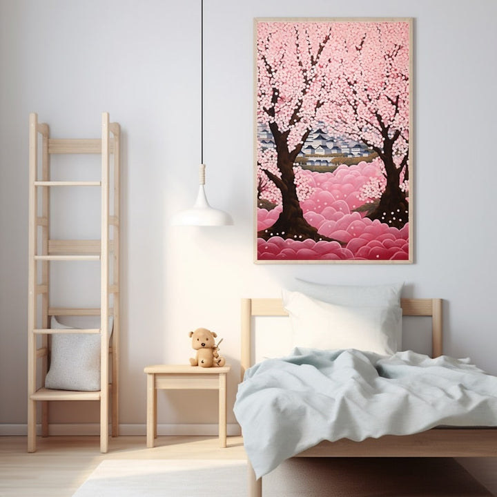 Tableau de deux cerisiers en fleurs roses encadrant un château japonais blanc, nuées fuchsia au premier plan