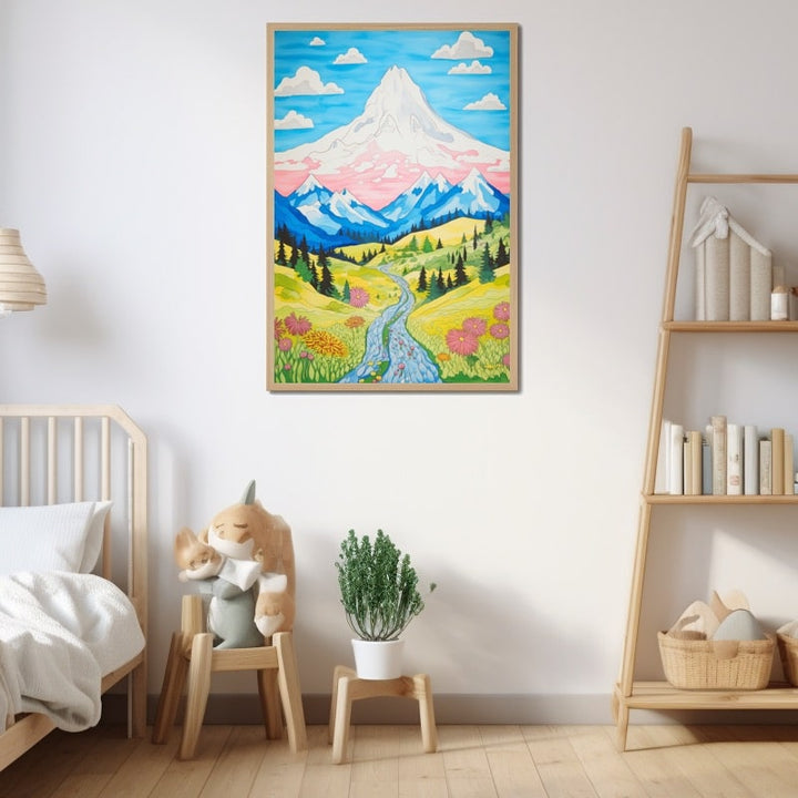 Peinture Montagne Enchantée pour Enfant, art mural décoration nature