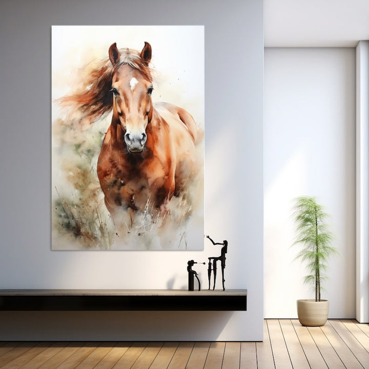 Peinture Cheval Aquarelle, art mural décoration nature