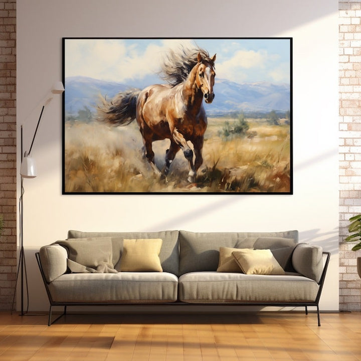 Peinture Cheval au Galop en Plaine, art mural décoration nature