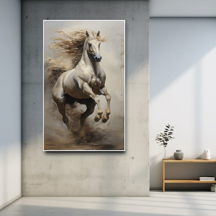 Peinture Cheval Blanc au Galop, art mural décoration nature