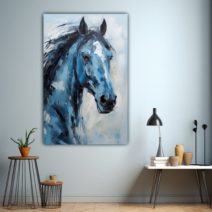 Peinture Portrait de Cheval Bleu, art mural décoration nature