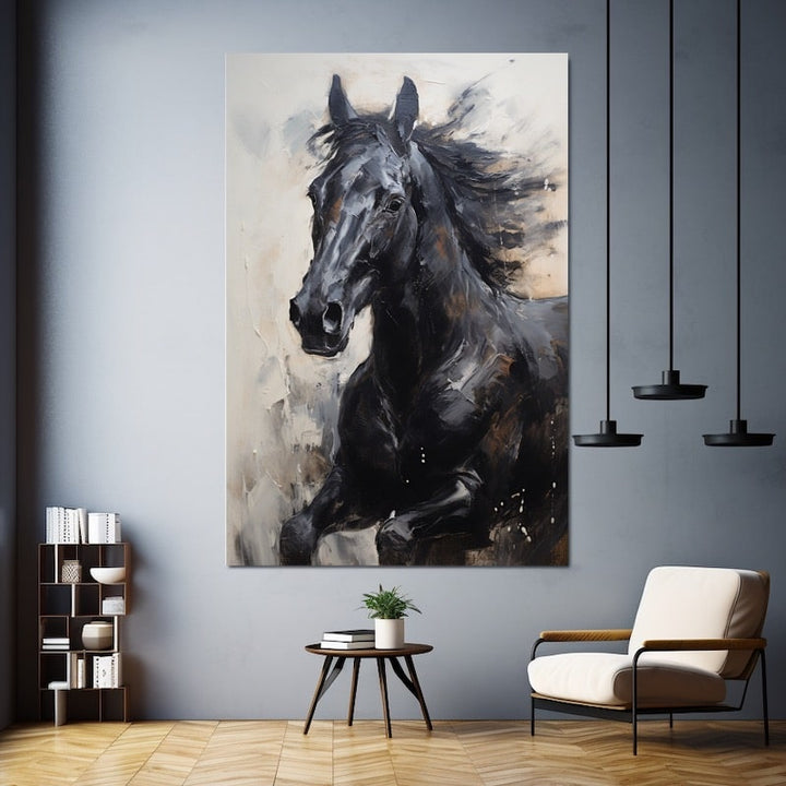 Peinture Cheval Noir, art mural décoration nature