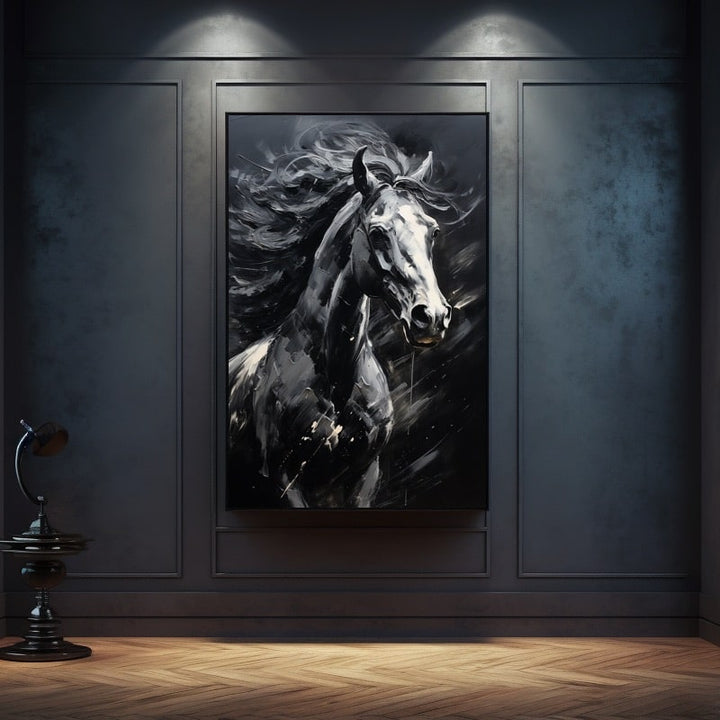 Peinture Cheval Noir et Blanc, art mural décoration nature