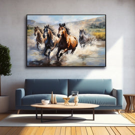 Troupeau de Chevaux dans la Rivière, art mural décoration nature