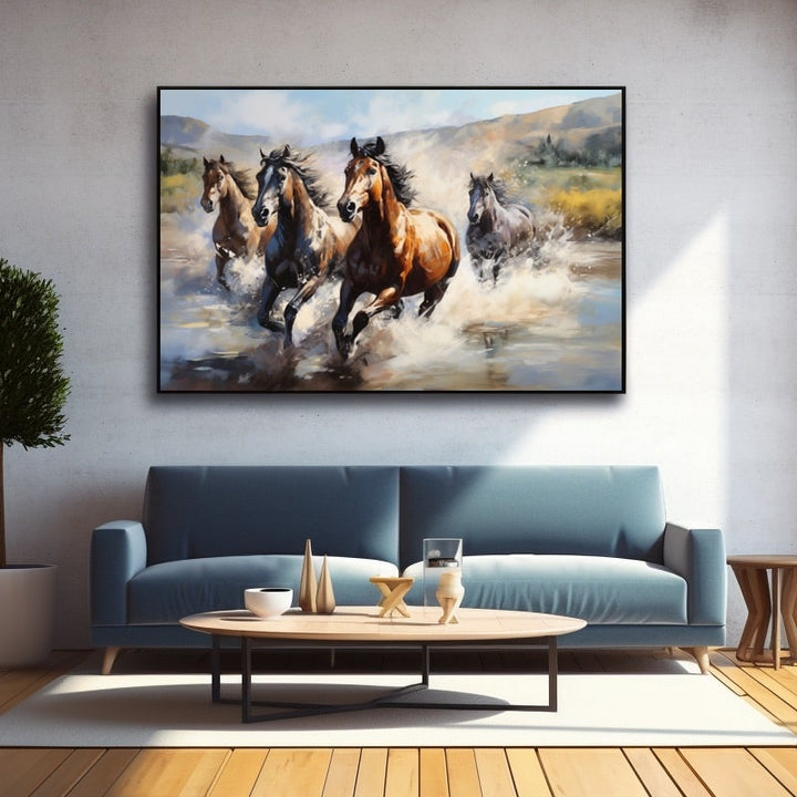 Troupeau de Chevaux dans la Rivière, art mural décoration nature