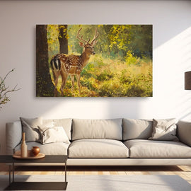 Peinture de Chevreuil en Sous-Bois Ensoleillé, art mural décoration nature