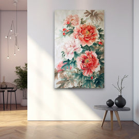 Peinture Chinoise Pivoine, art mural décoration nature
