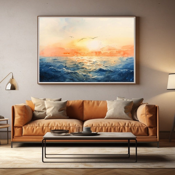 Peinture Mer et Coucher de Soleil aux Mouettes - Aquarelle, art mural décoration nature