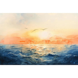 Peinture Mer et Coucher de Soleil aux Mouettes - Aquarelle, art mural décoration nature