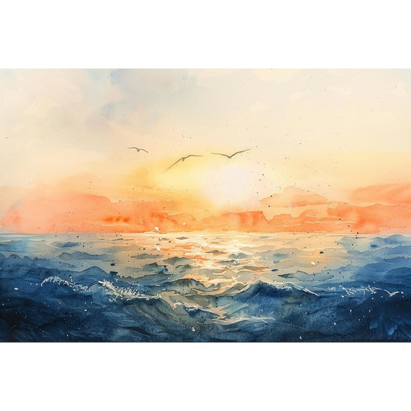 Peinture Mer et Coucher de Soleil aux Mouettes - Aquarelle, art mural décoration nature