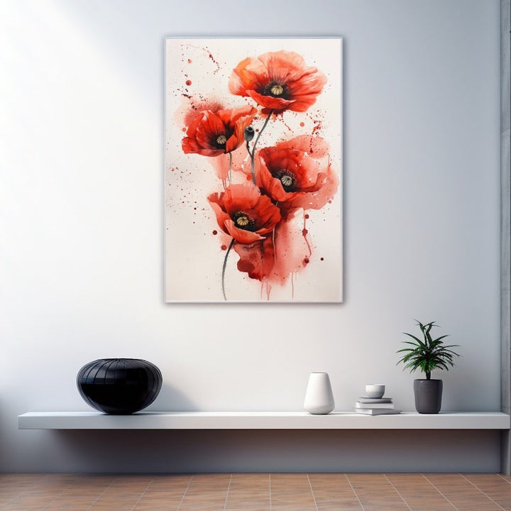 Peinture aquarelle de quatre coquelicots rouges aux cœurs sombres, éclaboussures sur fond crème