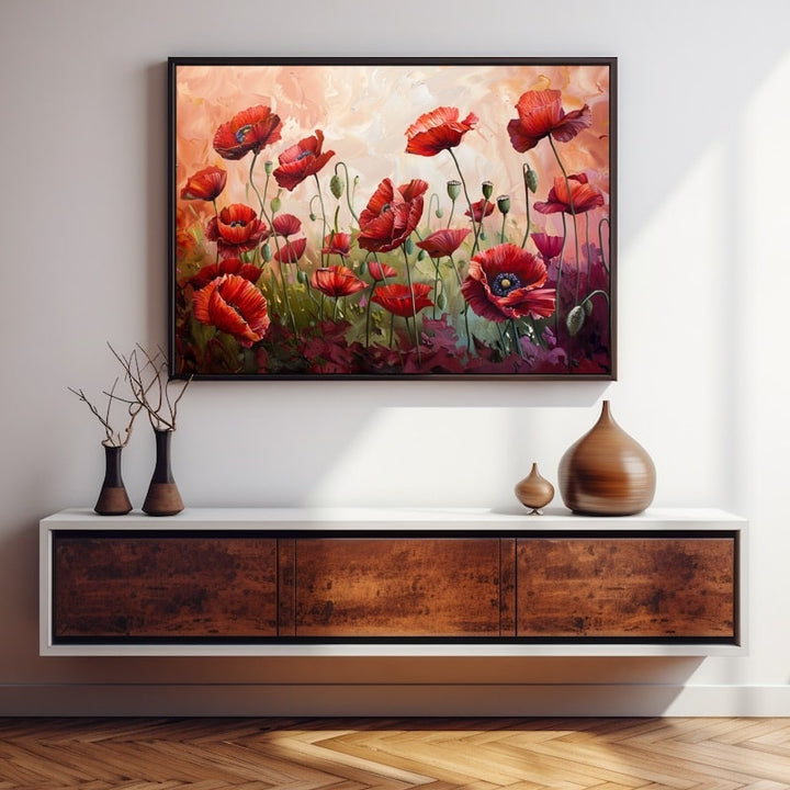 Tableau champ de coquelicots rouges sur fond corail