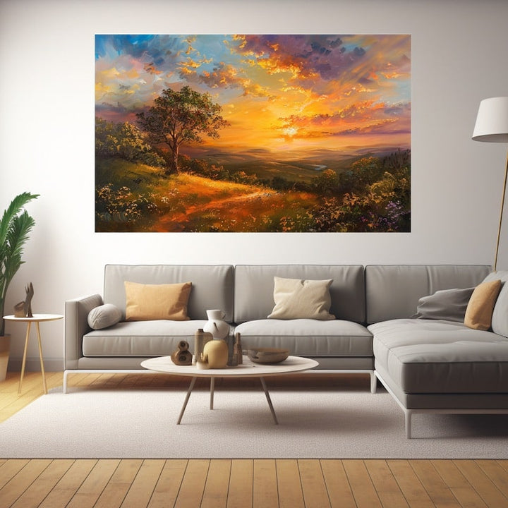 Peinture Arbre Solitaire au Couchant, art mural décoration nature
