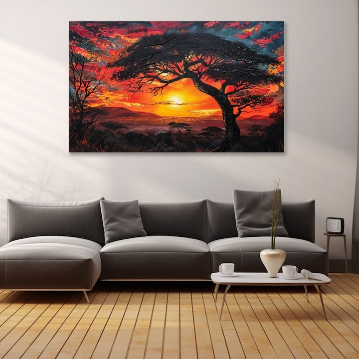 Peinture Coucher de Soleil Africain, art mural décoration nature