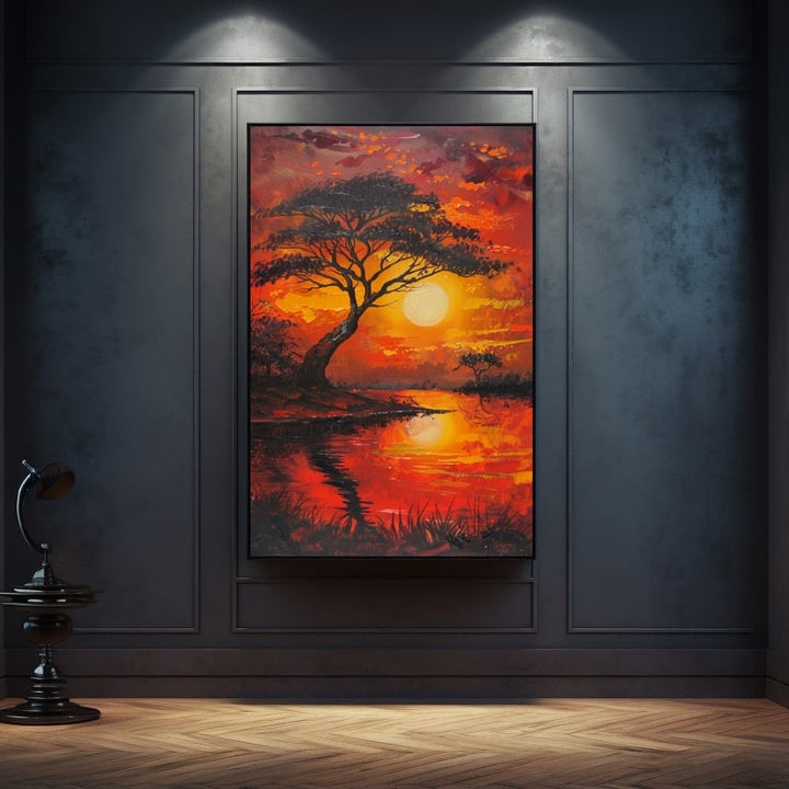 Peinture Coucher de Soleil en Afrique, art mural décoration nature