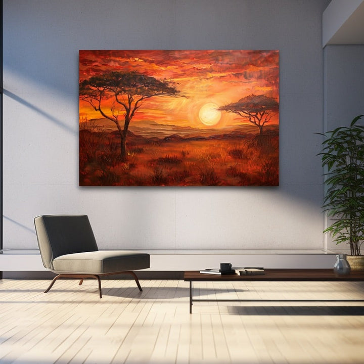 Peinture Coucher de Soleil Paysage Africain, art mural décoration nature