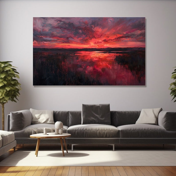 Peinture Coucher de Soleil Rose, art mural décoration nature