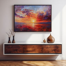 Peinture Coucher de Soleil Rouge, art mural décoration nature