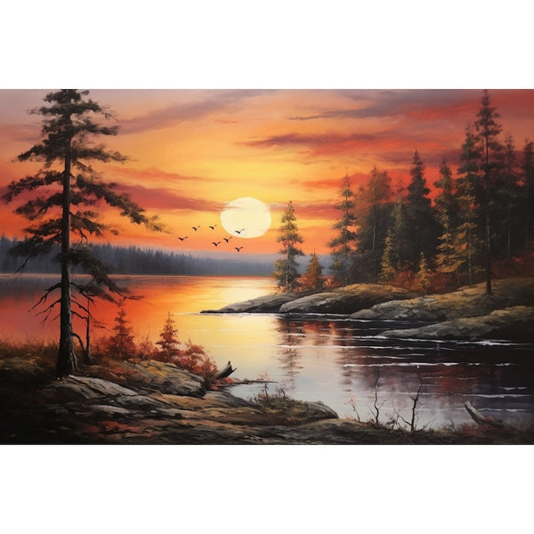 Peinture Coucher de Soleil sur un Lac Boisé, art mural décoration nature