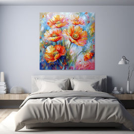 Peinture Coquelicots Orangés sur Fond Pastel, art mural décoration nature
