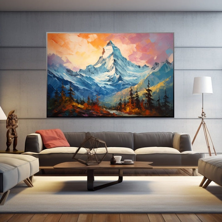 Peinture Sommet Alpin au Crépuscule, art mural décoration nature