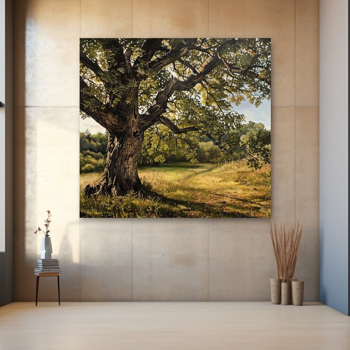 Peinture Arbre dans une Prairie Ensoleillée, art mural décoration nature