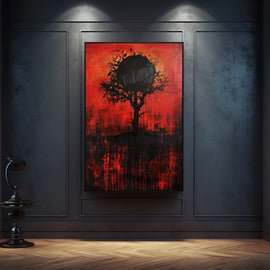 Peinture Abstraite Arbre Noir sur Fond Rouge, art mural décoration nature